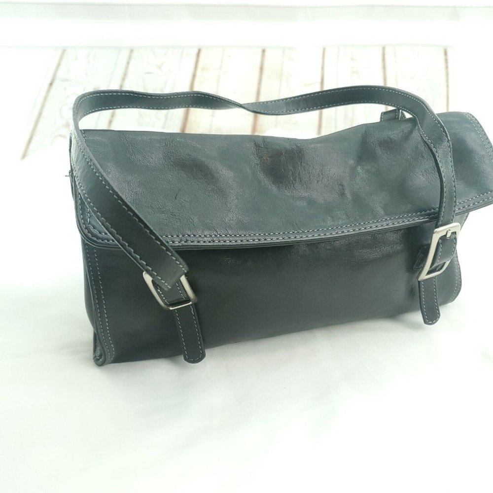 Tignanello Womens Black Leather Double Handles Buckle Straps Shoulder Bag